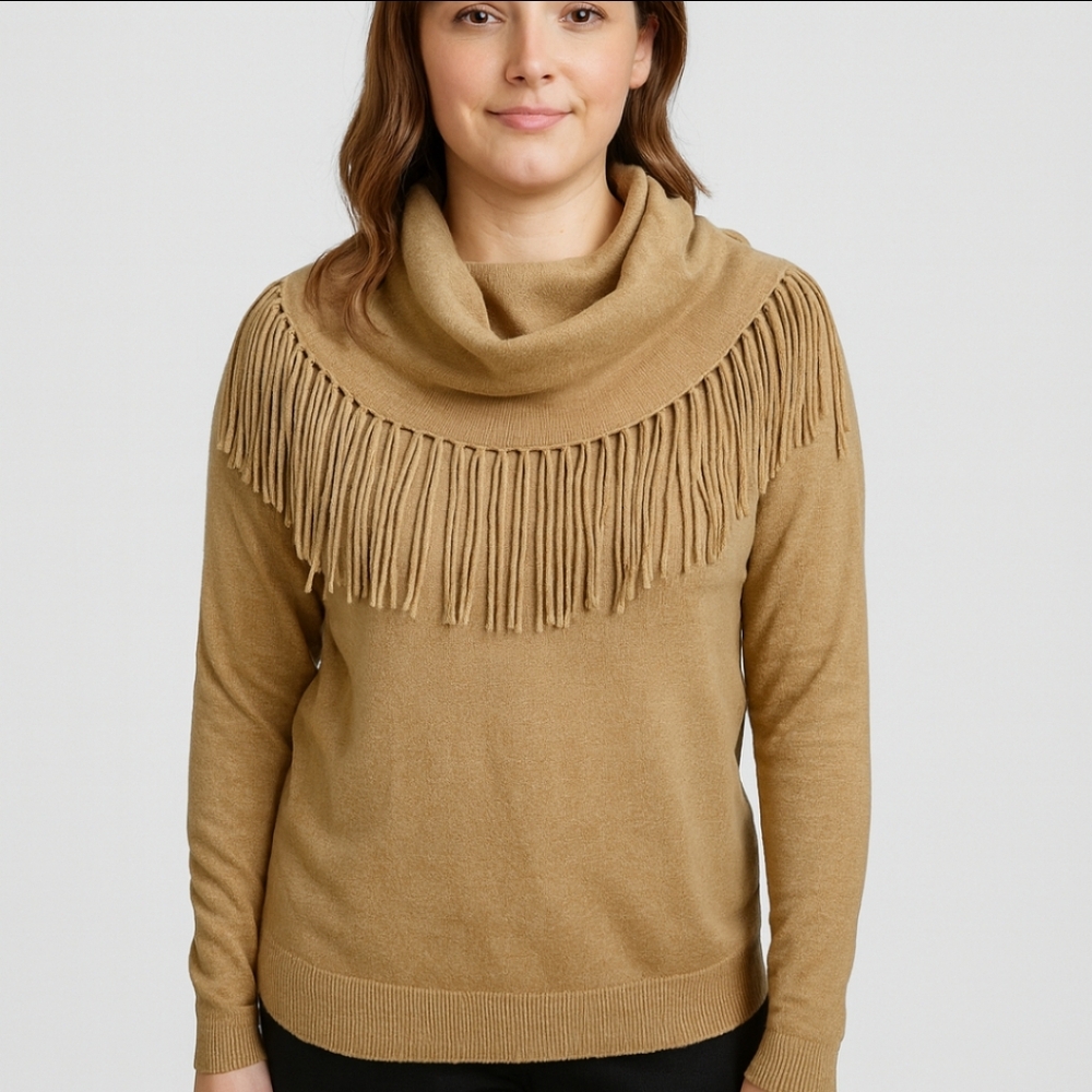 Michael Kors Tan Cowl Neck Fringed Womens Sweater Sz Sm
